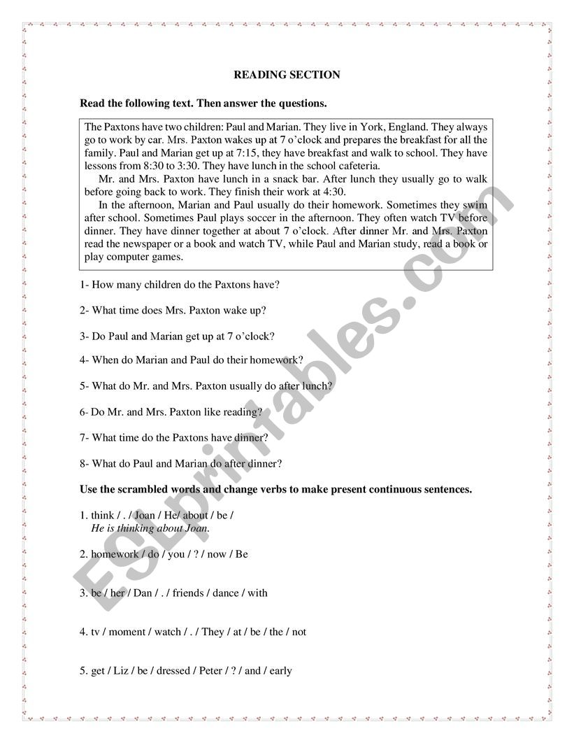 Reading comprehension worksheet