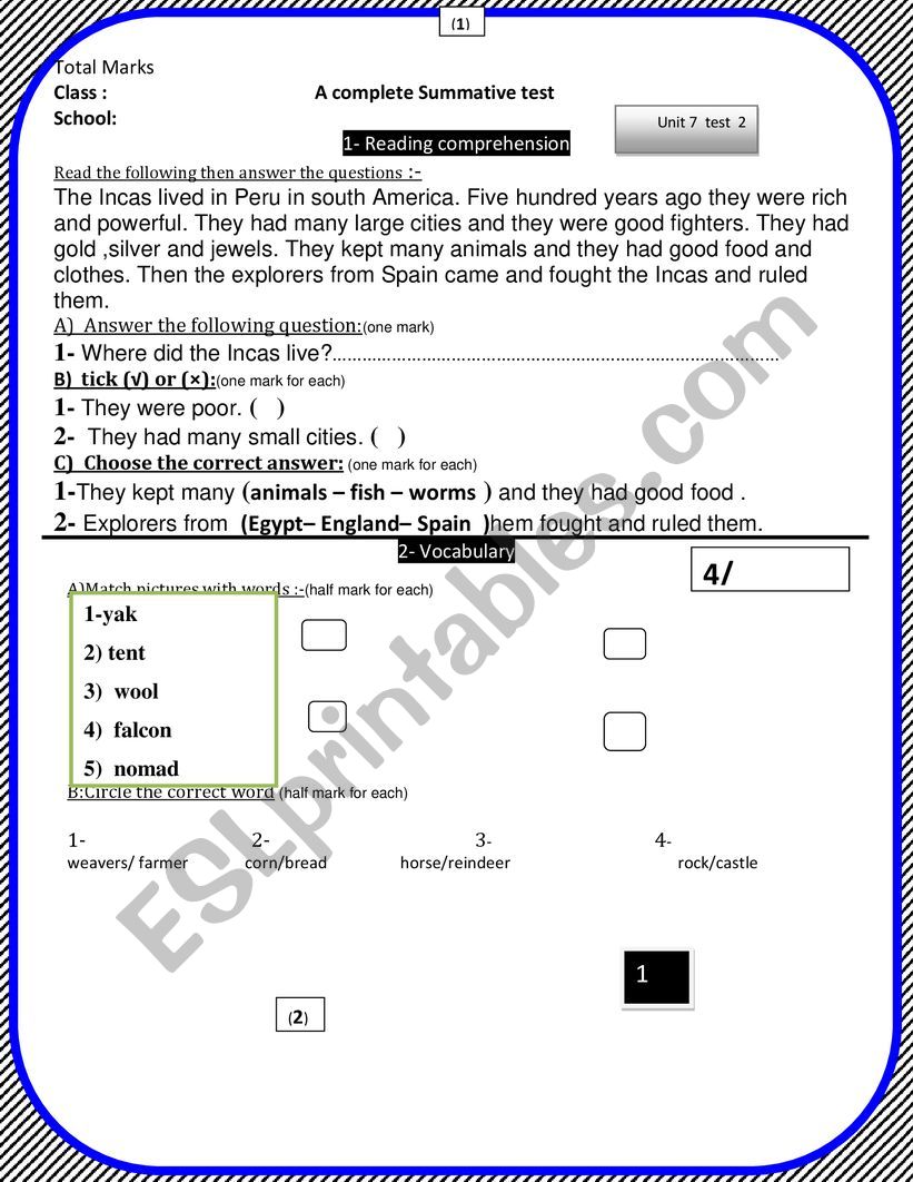 A summative test worksheet