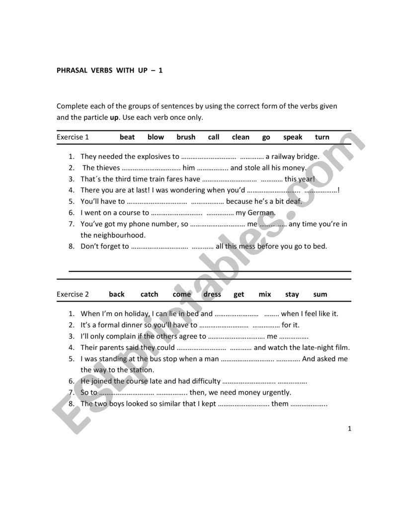 PHRASAL VERBS WITH UP worksheet