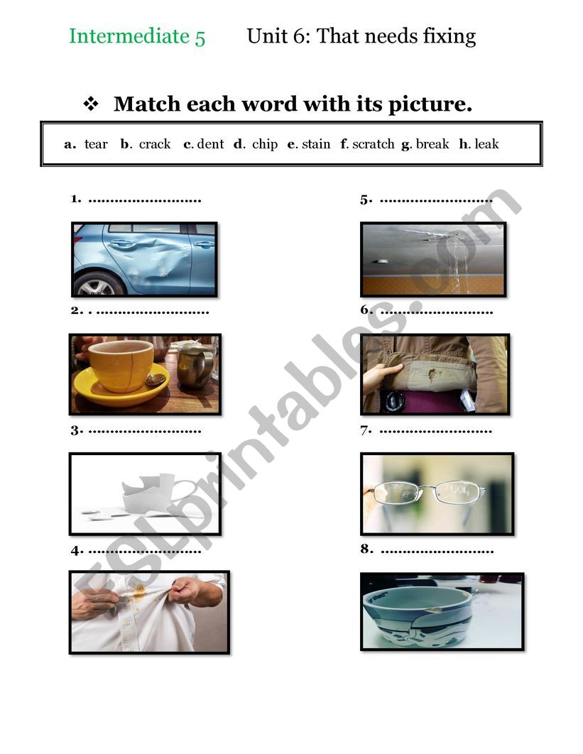 Types of damages worksheet