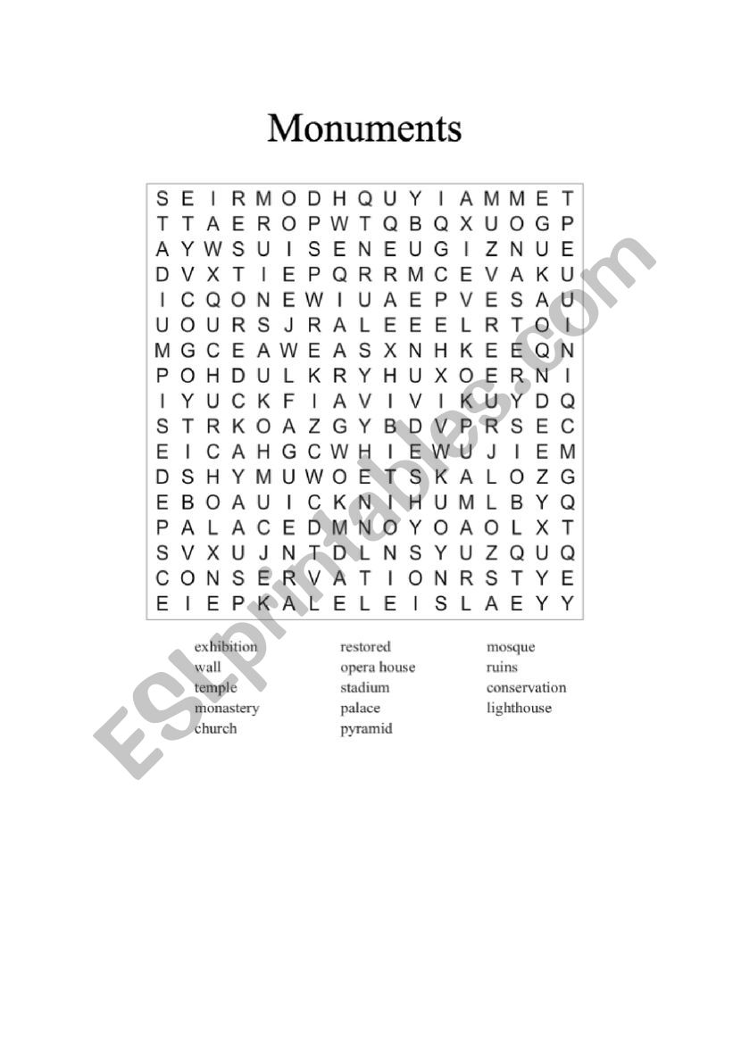 Monuments word search worksheet