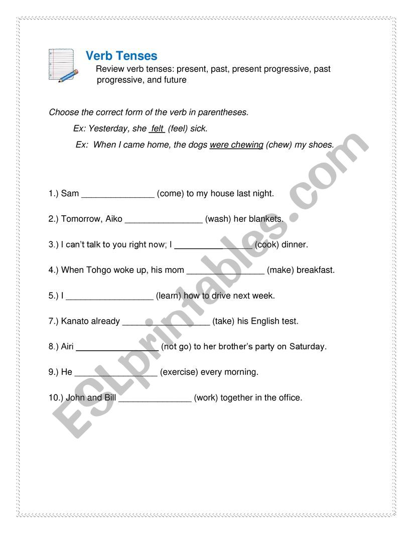 Verb Tense review worksheet