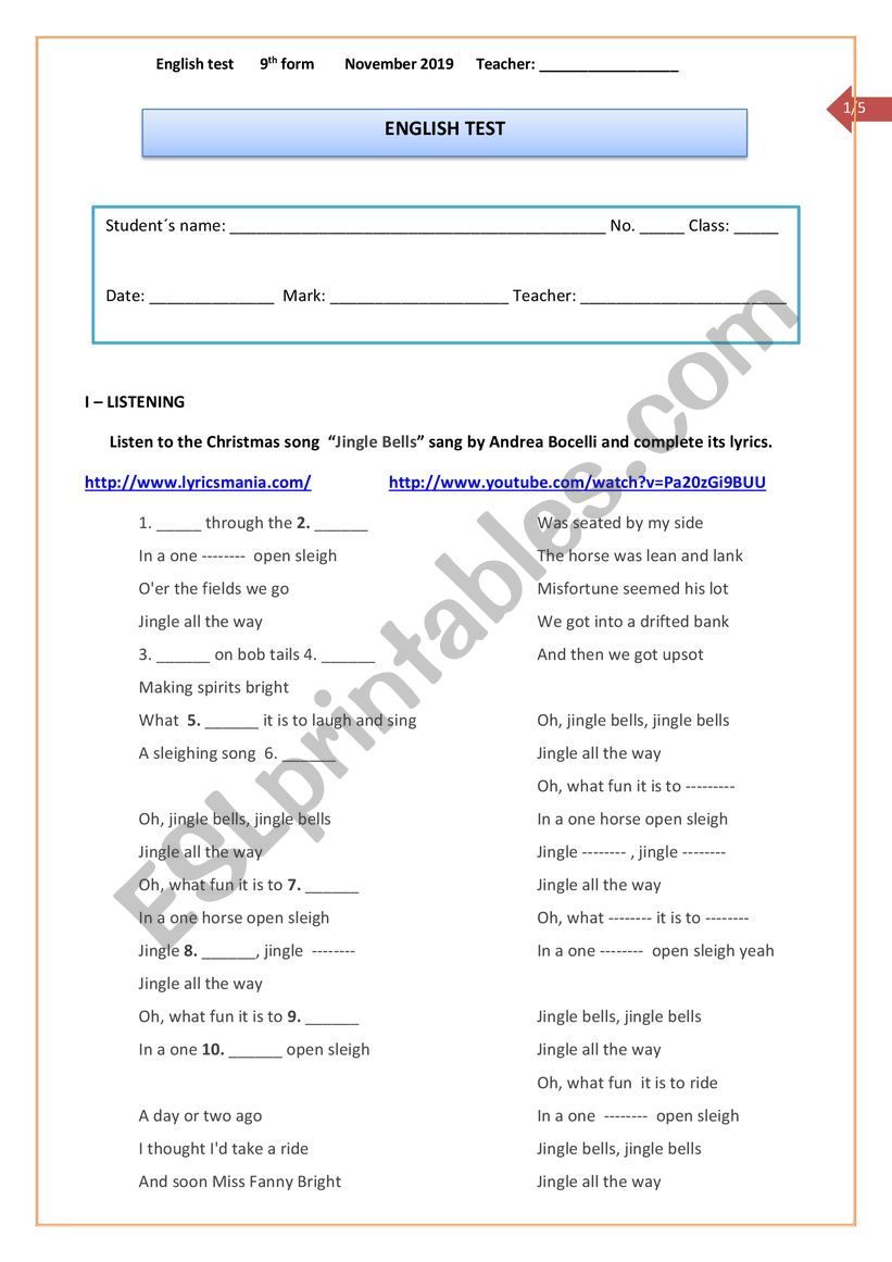 English test for 9th form worksheet