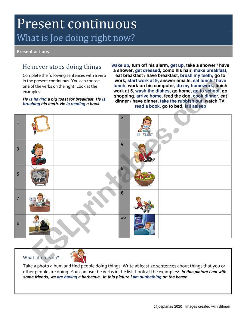 What is Joe doing? - Present continuous