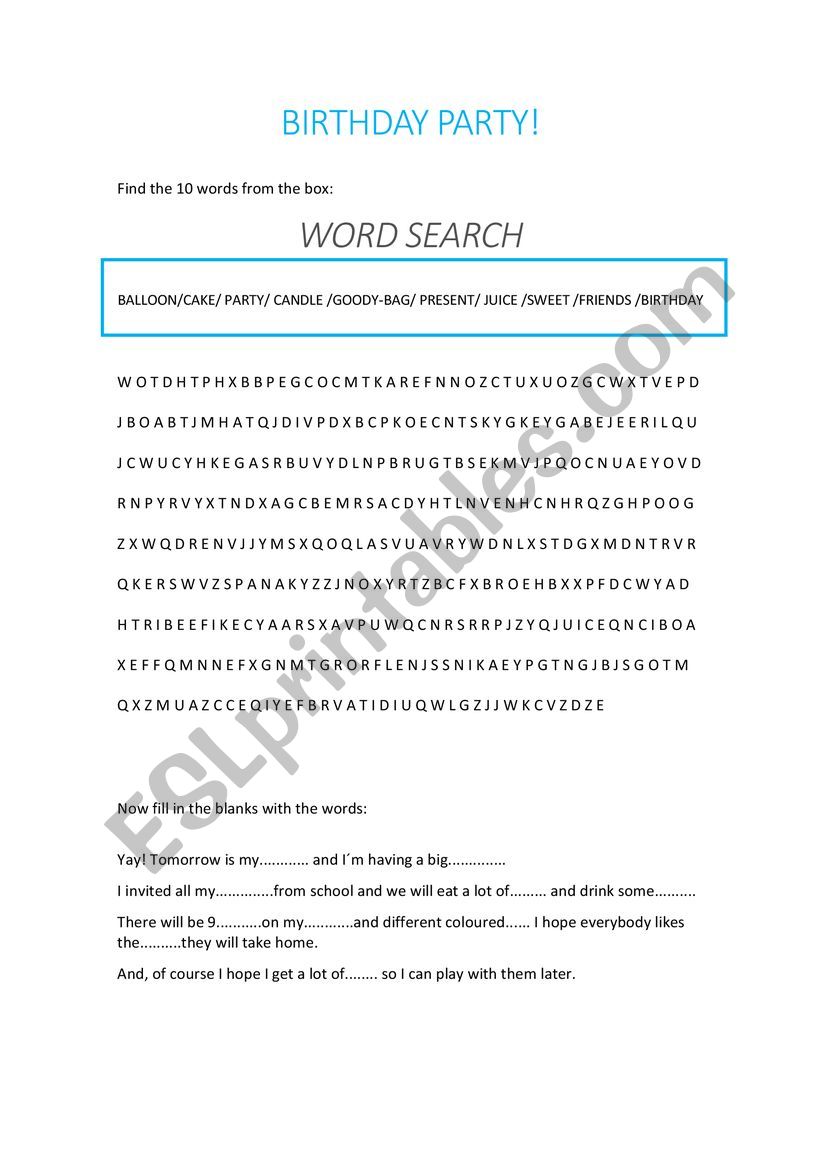 Birthday party word search worksheet