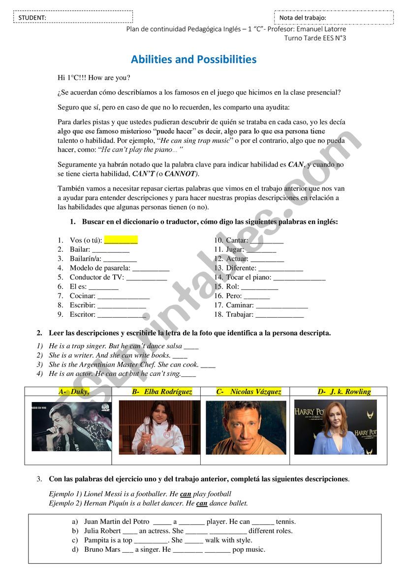 Habilities and Possibilities worksheet
