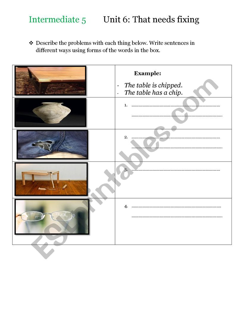 Describing the damages with nouns and past participles as adjectives