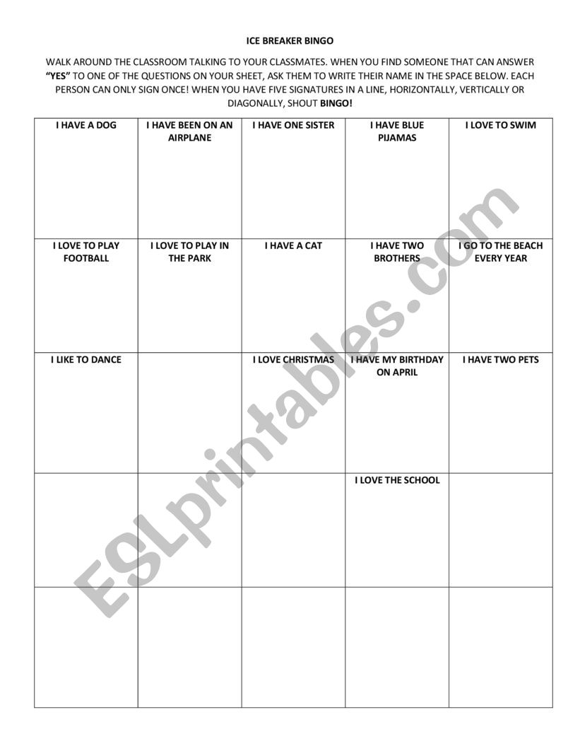Bingo worksheet