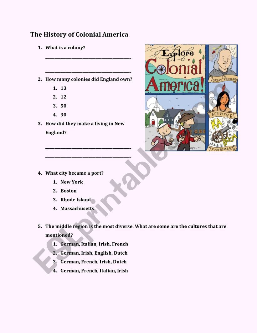 HISTORY OF COLONIAL AMERICA worksheet