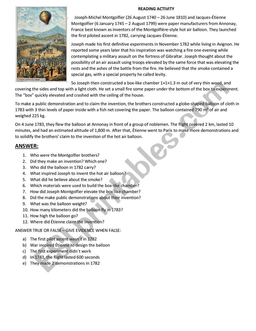 HISTORY OF BALLOONS worksheet