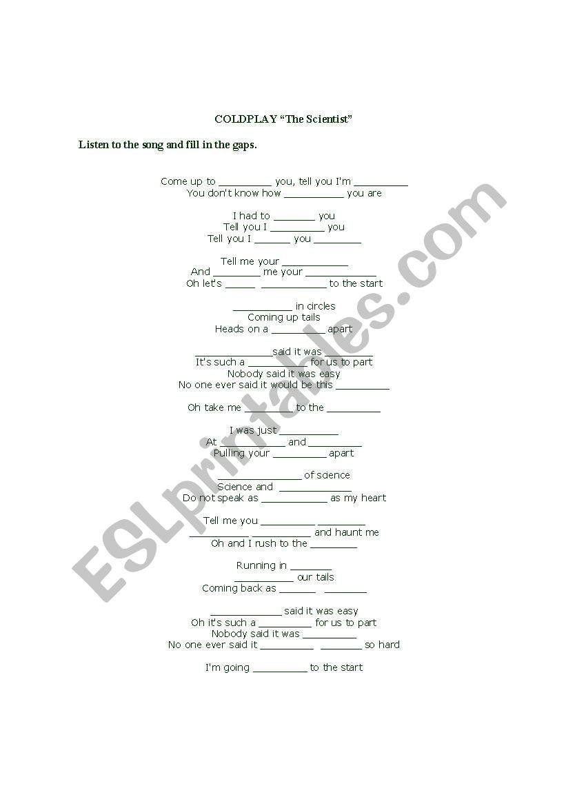 listening of a Coldplaysong worksheet