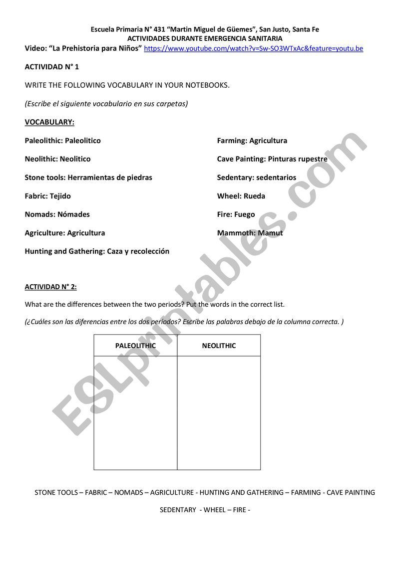 Prehistory worksheet