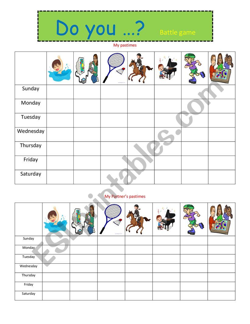 Hobbies - Battle ship worksheet