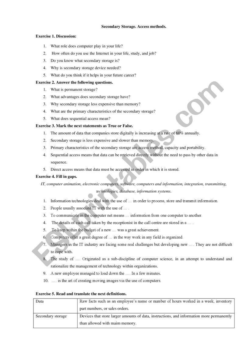 Secondary Storage worksheet