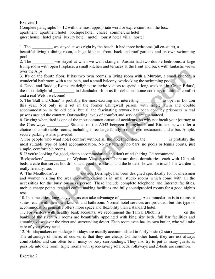 Types of accommodation worksheet