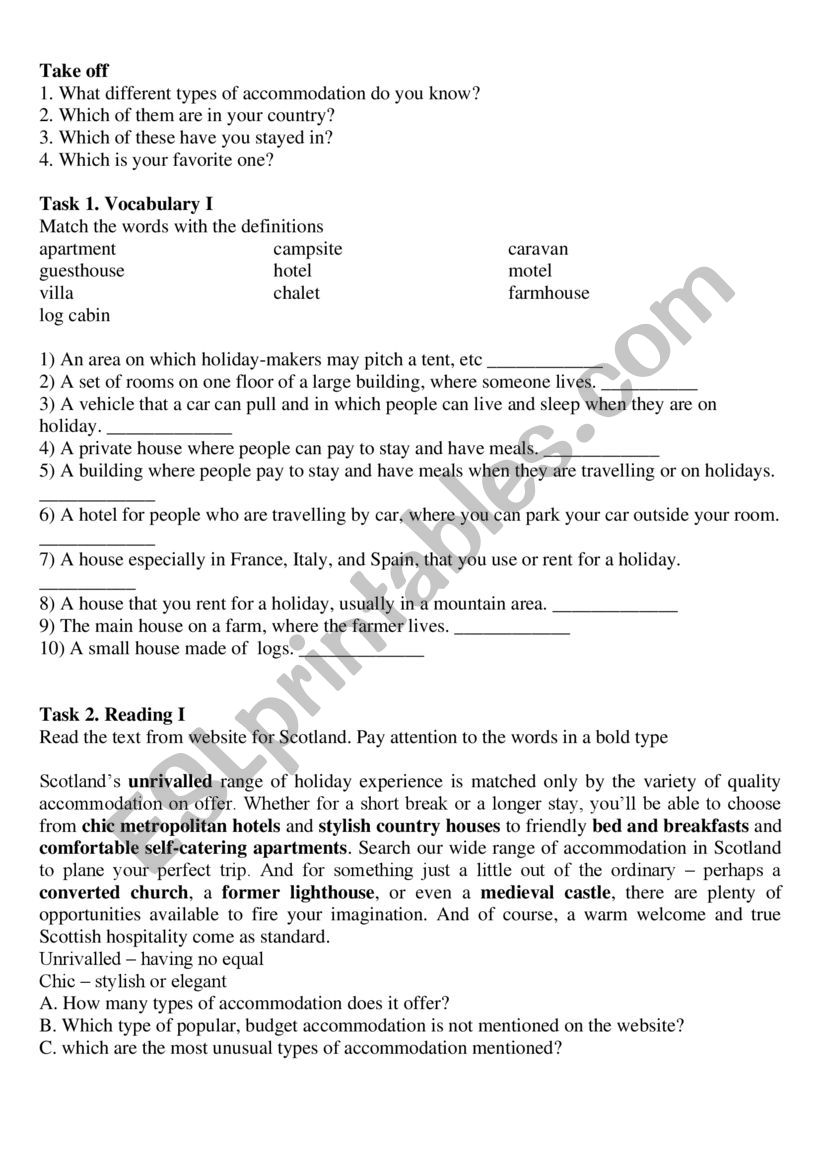 Types of accommodation 2 worksheet