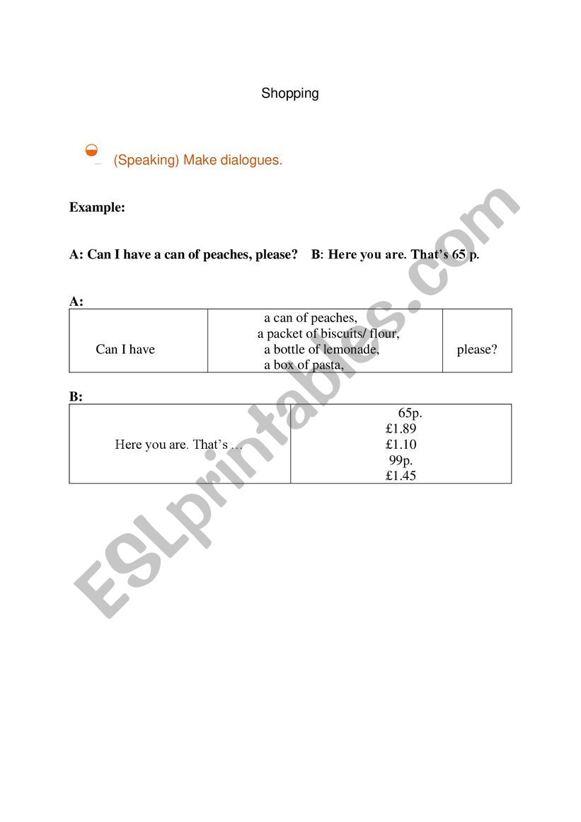 Shopping worksheet