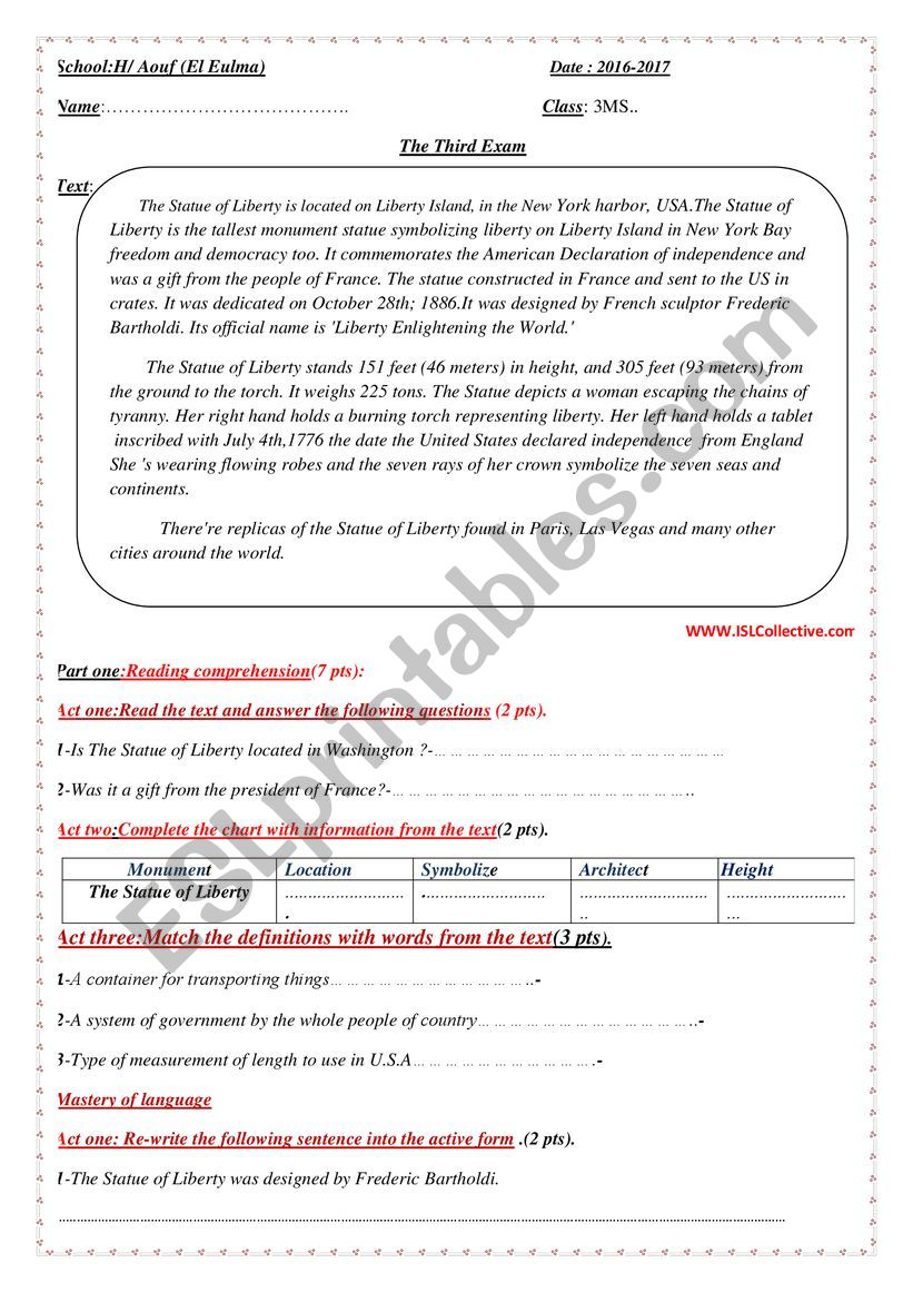 The Statue of liberty worksheet