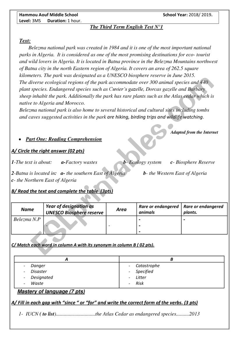 The Third Term Test 3MS worksheet