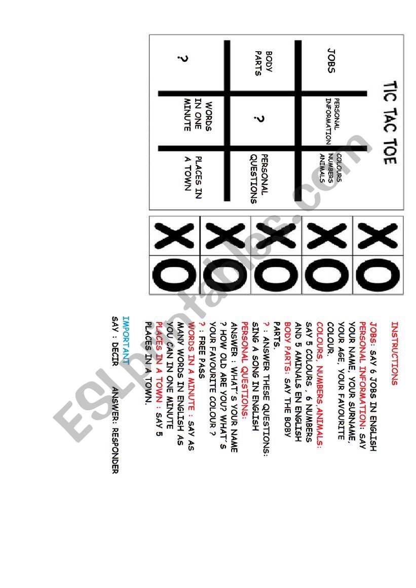 TIC TAC TOE worksheet