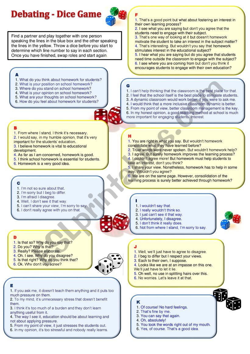 Debating Dice Game worksheet