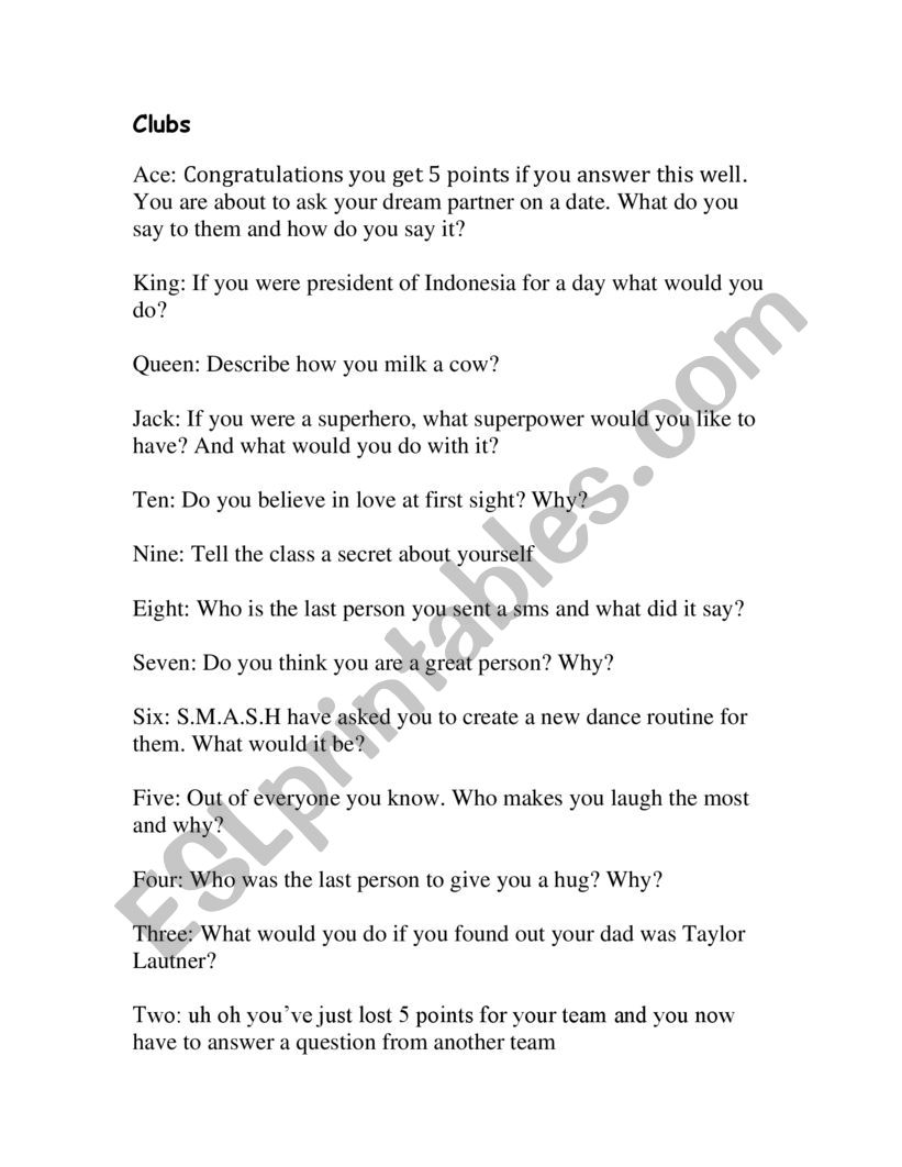 conversation cards club worksheet