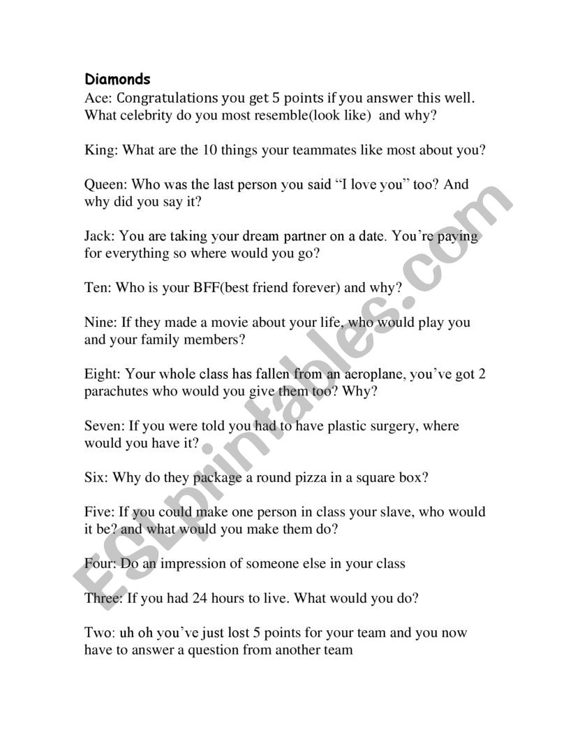 conversation cards diamond worksheet