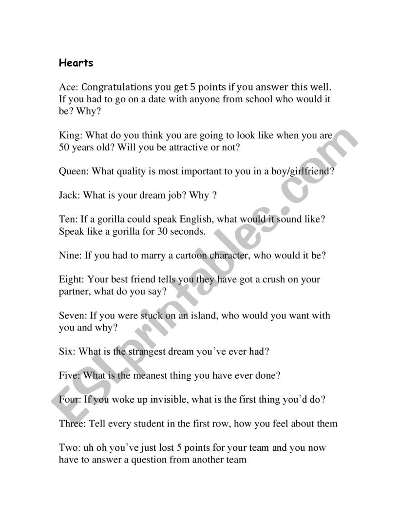 conversation card heart worksheet