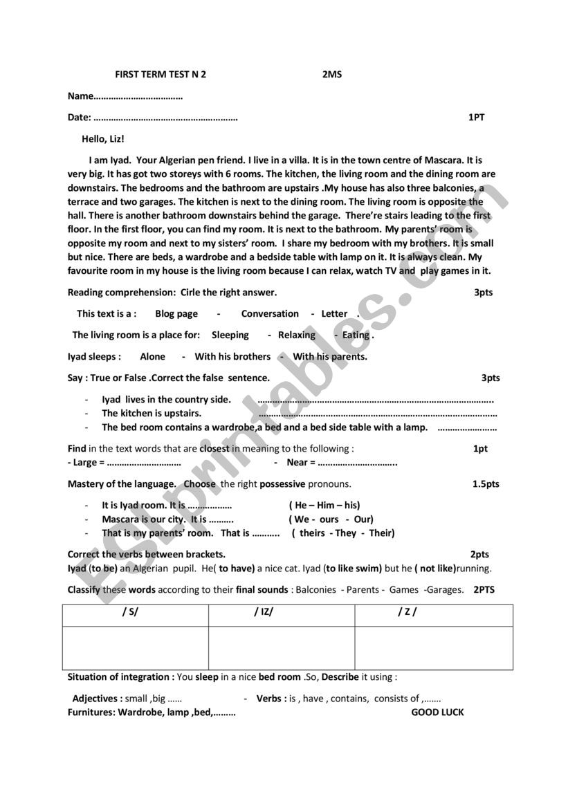 The First Test Second Trm worksheet