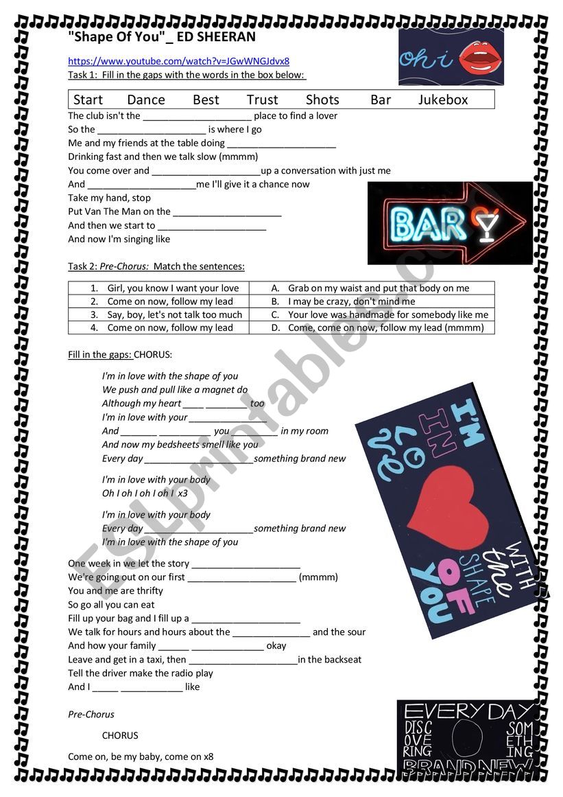 Ed Sheeran Shape of you worksheet