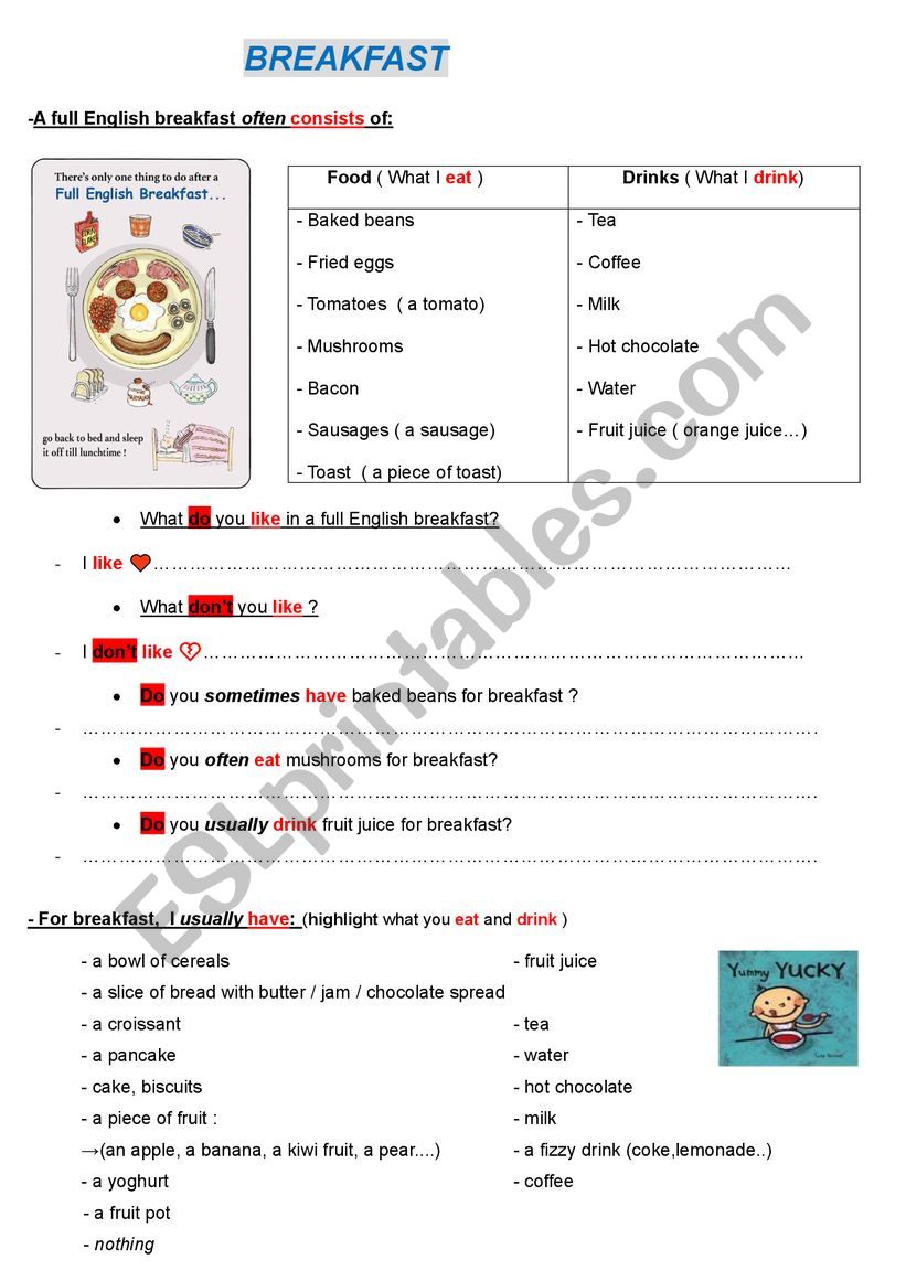 British breakfast worksheet