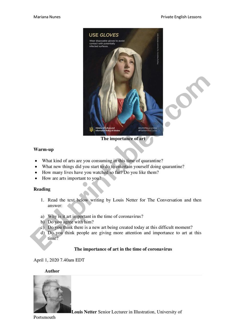 The importance of art worksheet