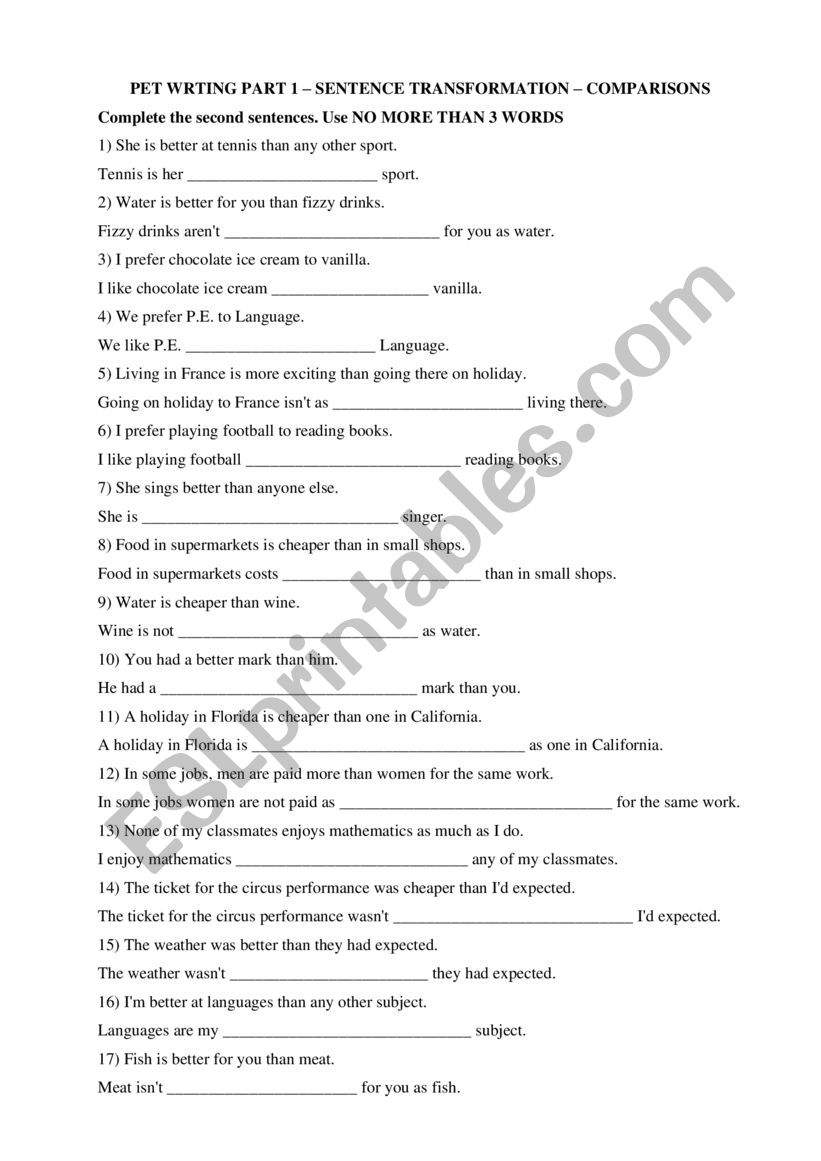 Comparative transformation worksheet