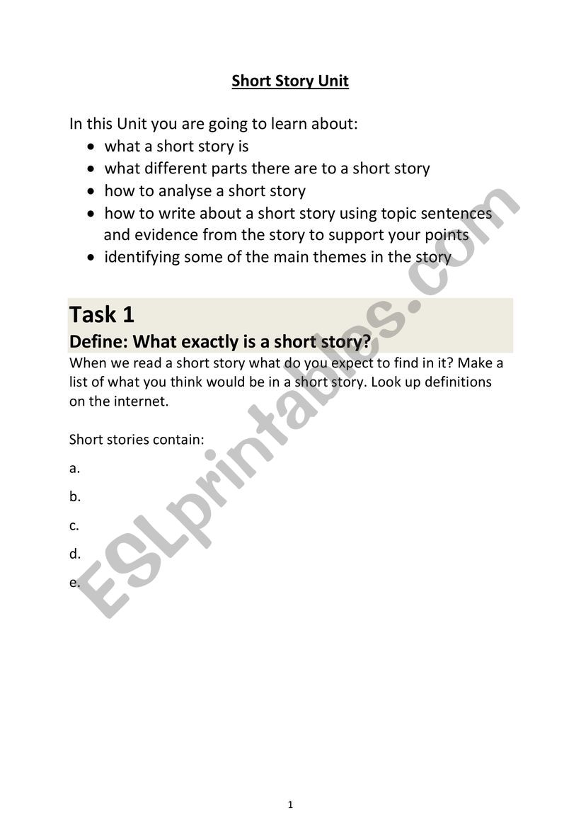 Short Story Unit - Part 2 worksheet