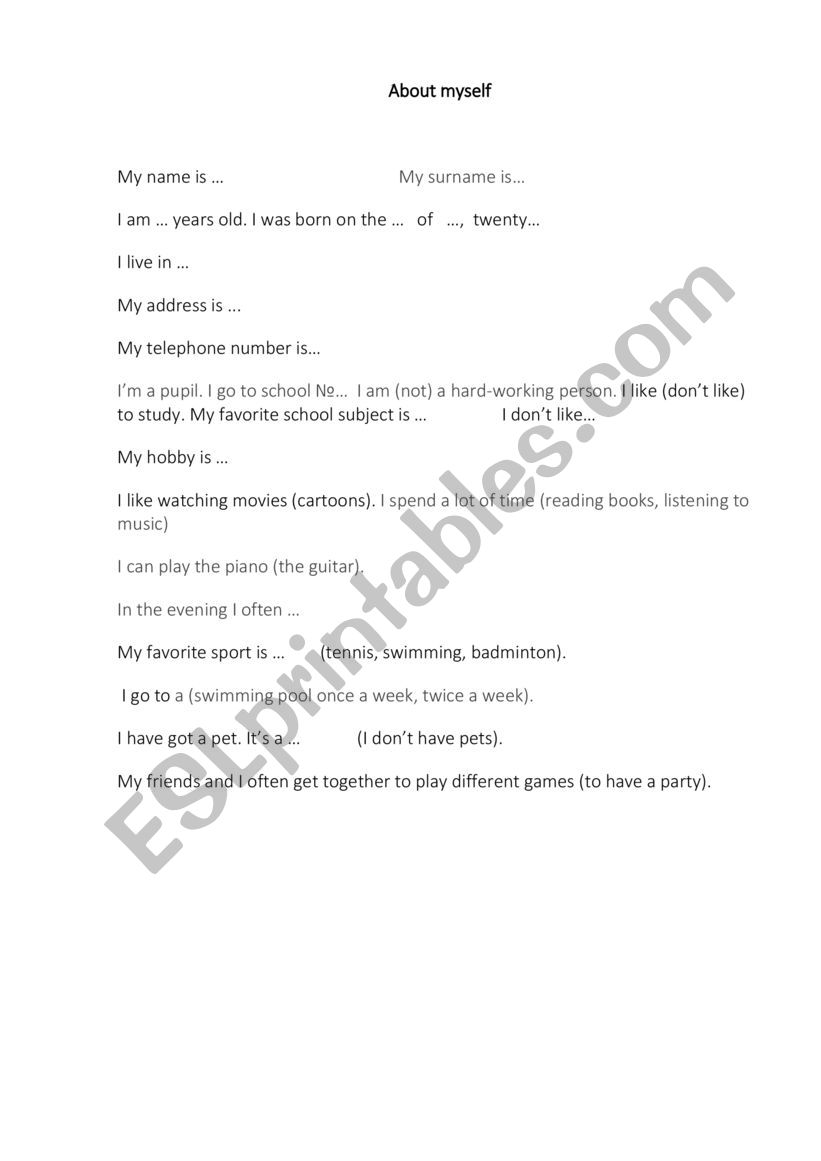 About Myself worksheet