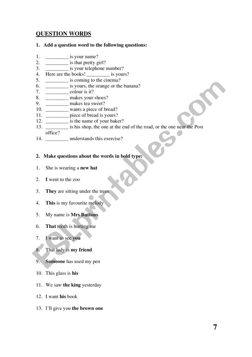 Question words activity worksheet