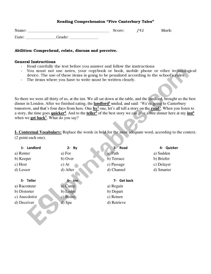 Canterbury Tales Assessment worksheet