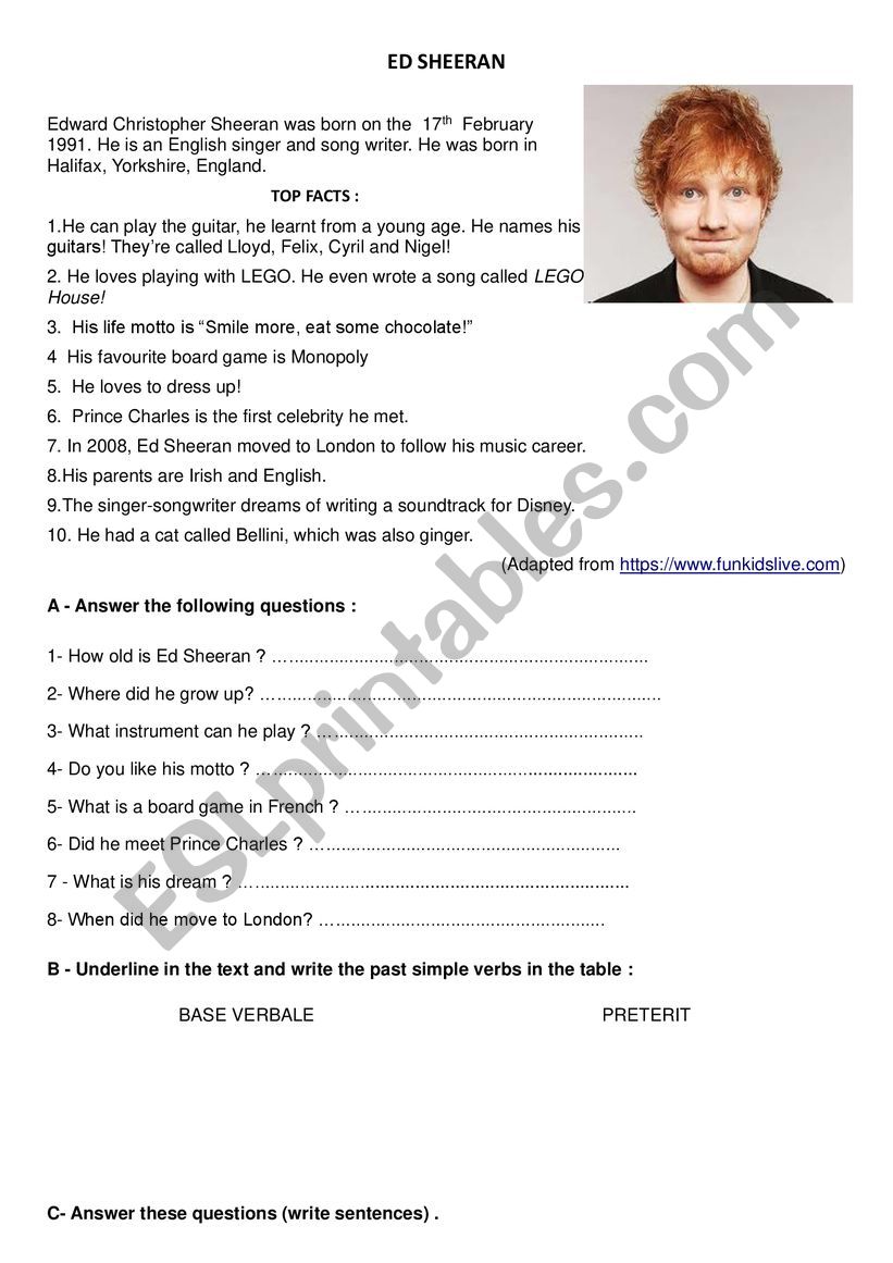 Ed Sheerans top facts  worksheet