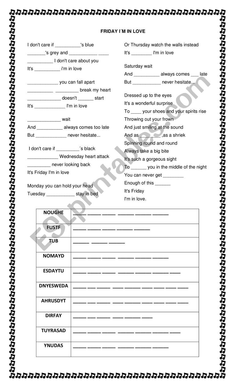 Friday I am in love worksheet