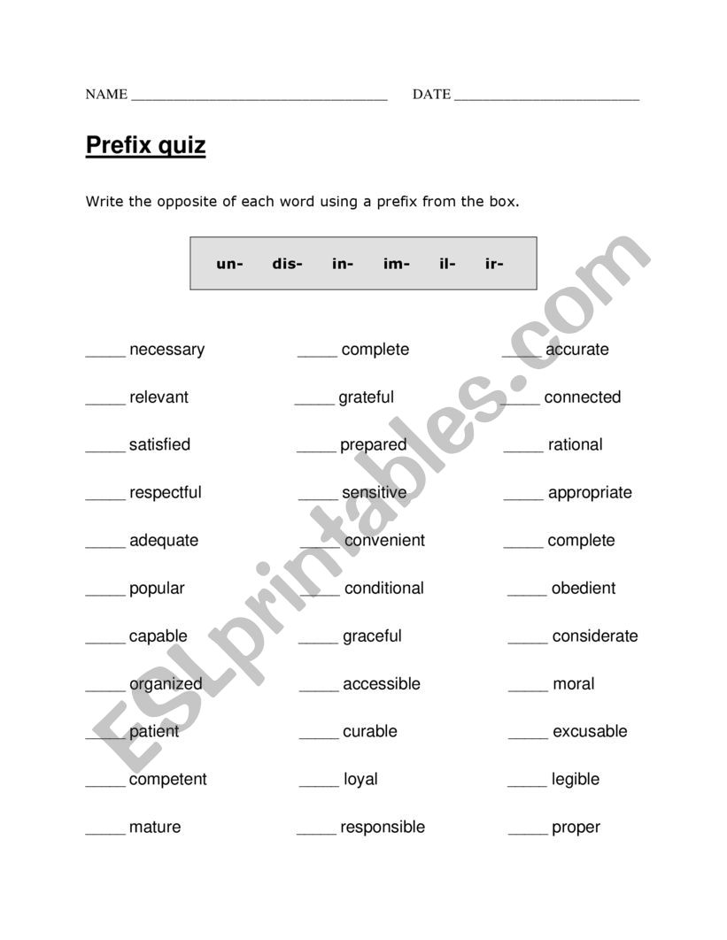 Prefix Quiz worksheet