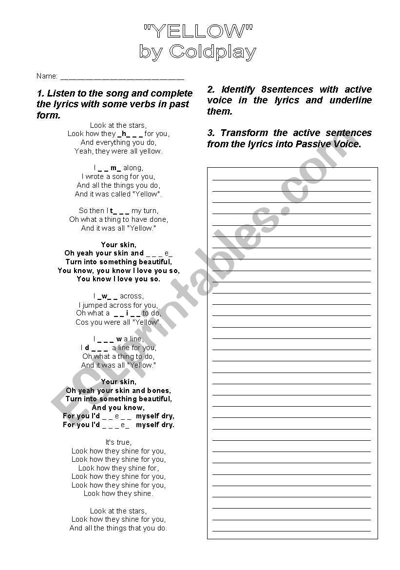 yellow by coldplay worksheet