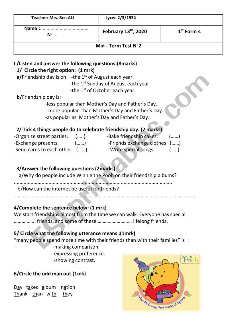 1ST FORM TEST N2 worksheet