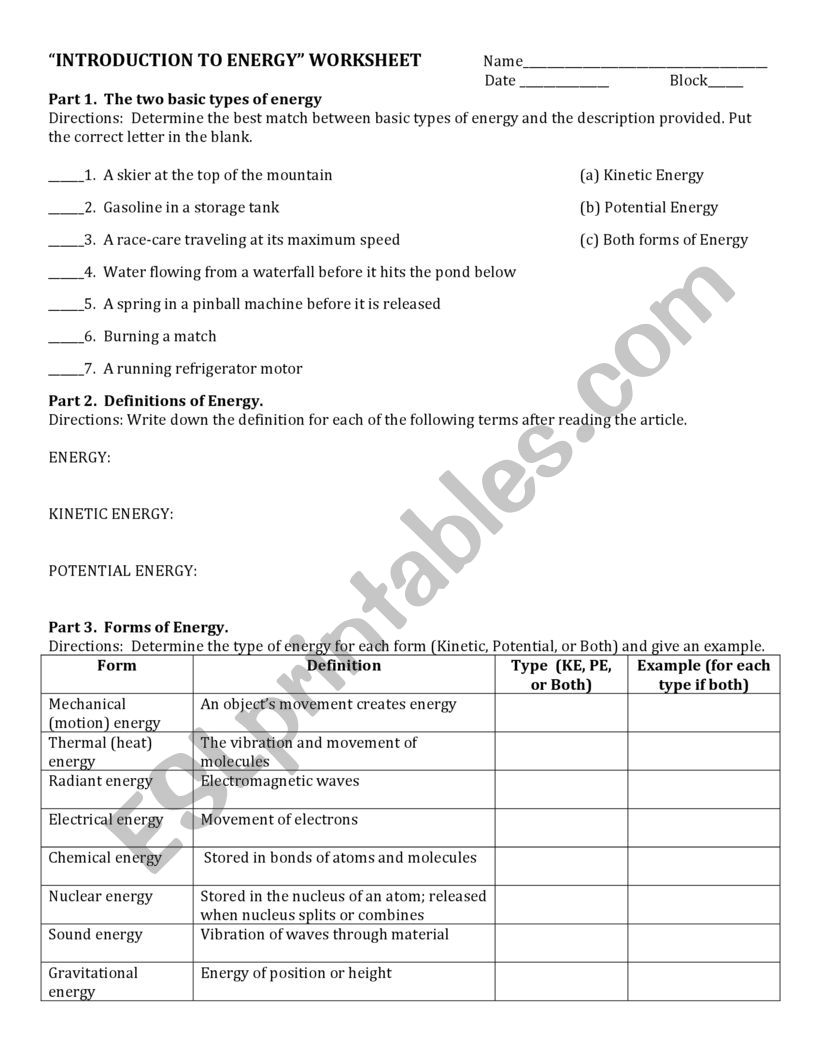 energy worksheet