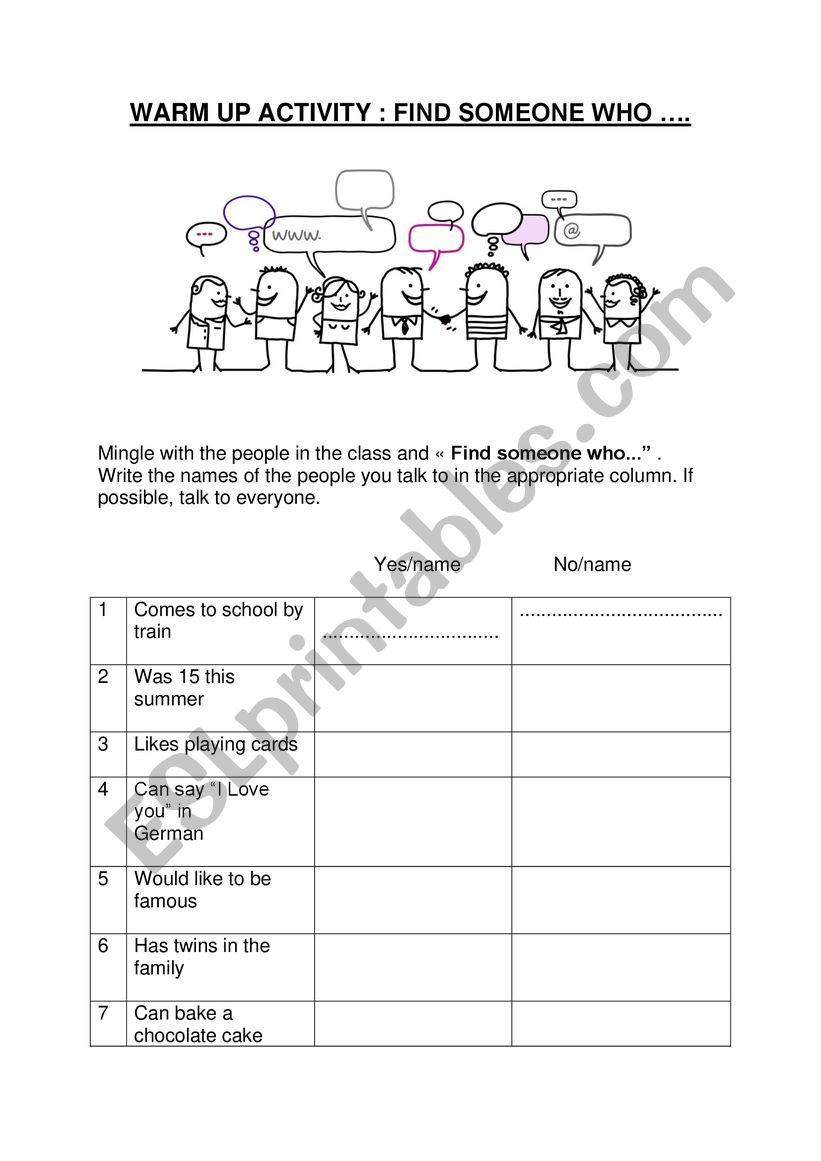 WARM UP ACTIVITY   GETTING TO KNOW YOU