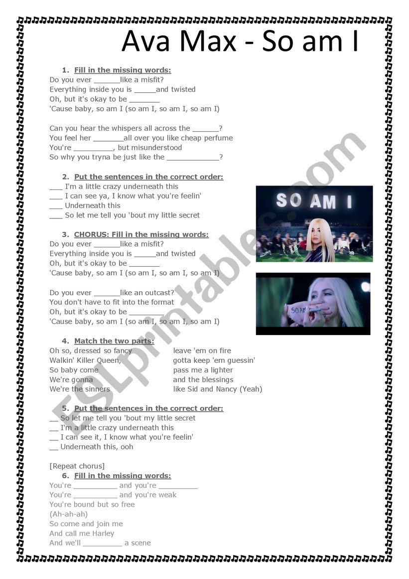 Ava Max So am I worksheet