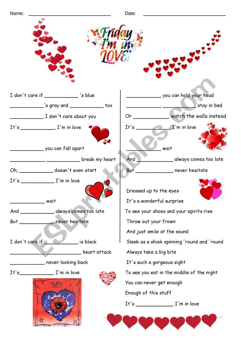 Friday IÃ¯Â¿Â½m in love worksheet