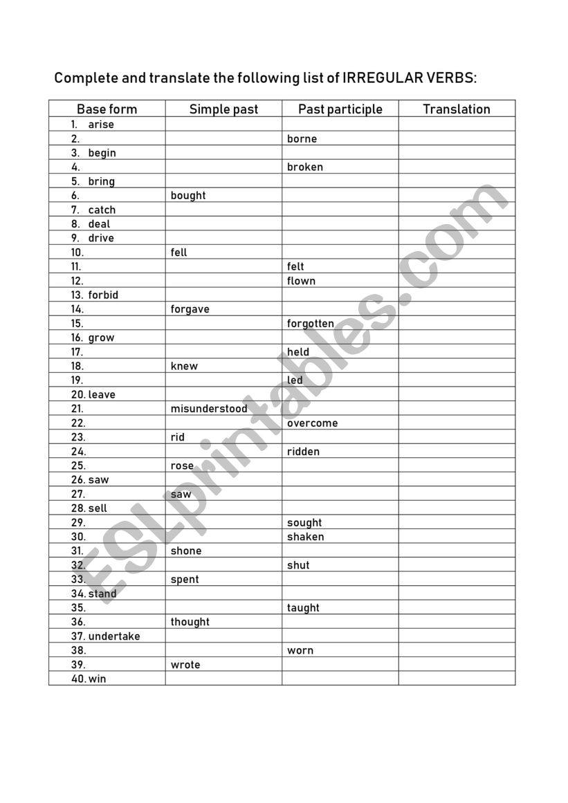 Irregular Verbs exercise worksheet