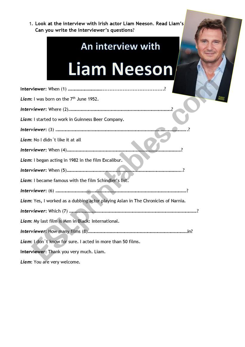An interview with Liam Neeson worksheet