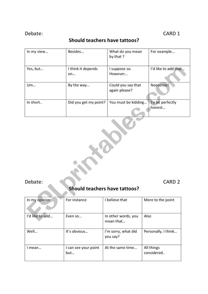 Debate cards - Should teachers have tattoos?