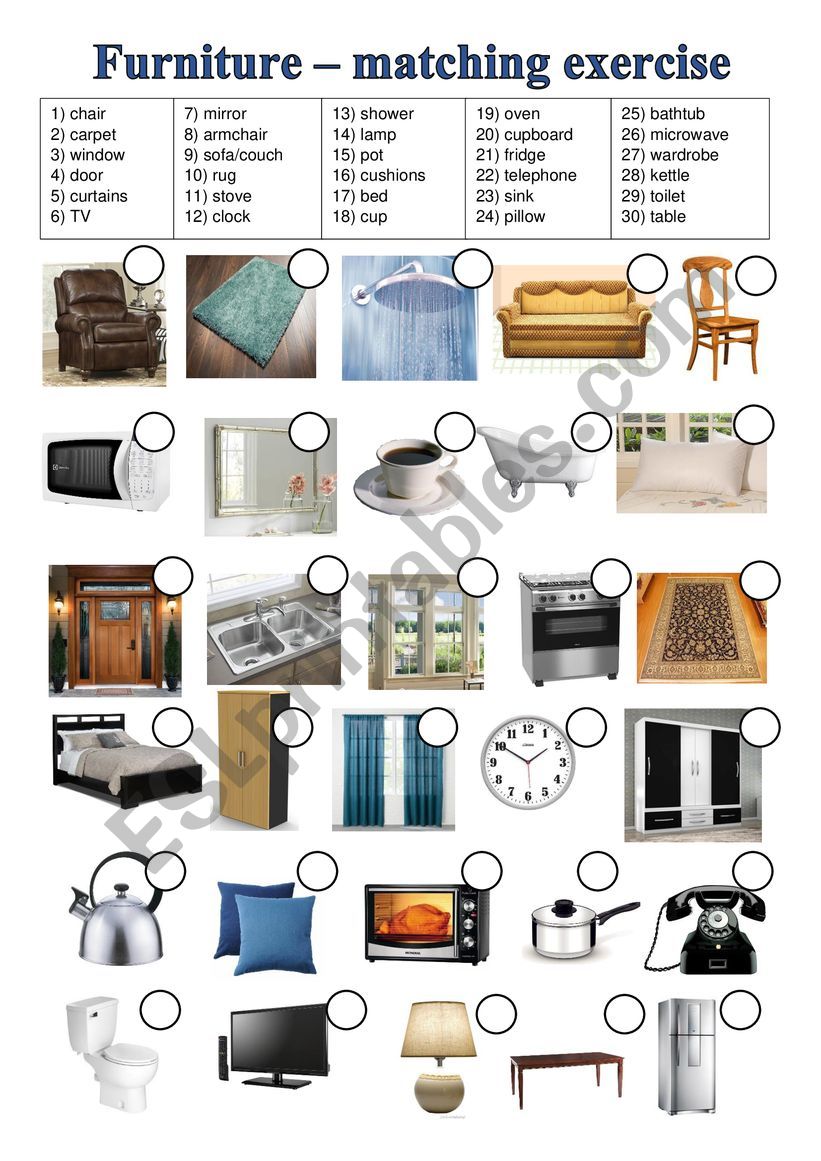 Furniture - matching exercise worksheet